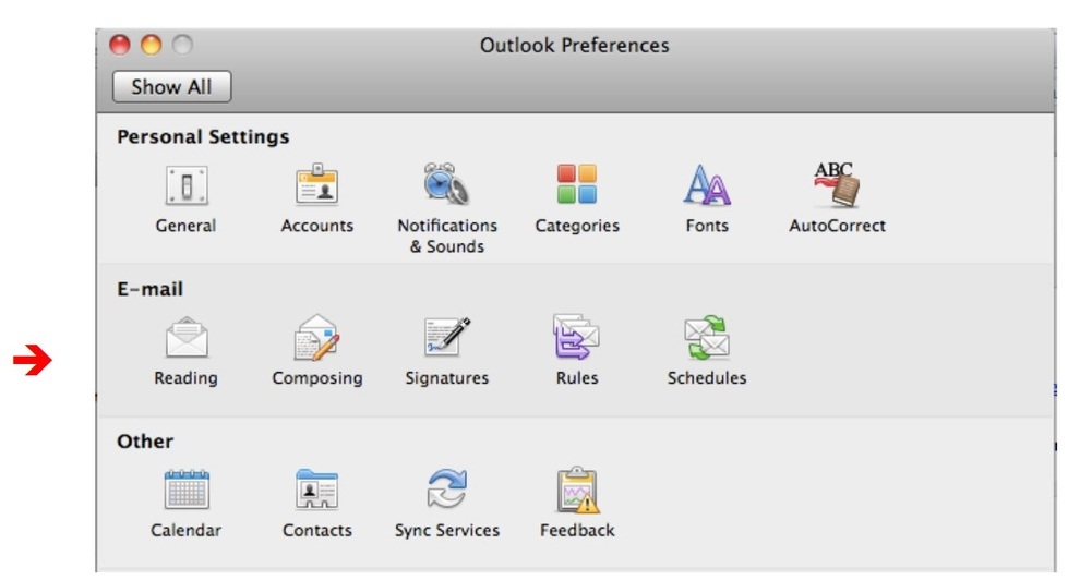 Outlook Preferences Window